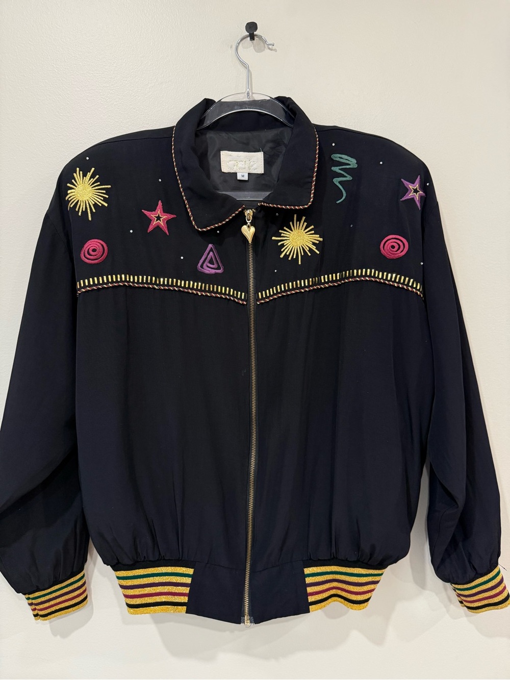 Vintage Cache Tricot Celestial Bomber Jacket Cosmic Sun Stars Zip Up